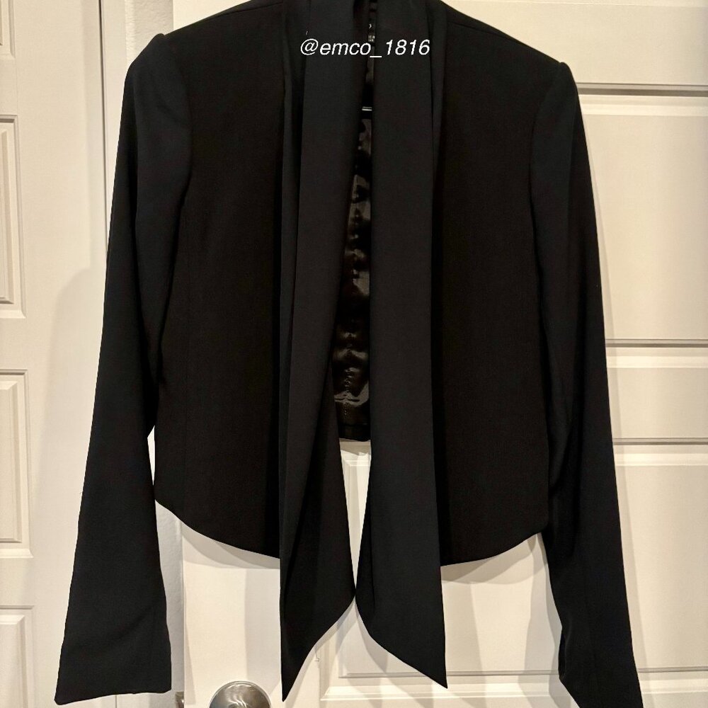 Theory Bennira Black Fitted Cropped Drape Front Blazer, Long Sleeve, Size 2